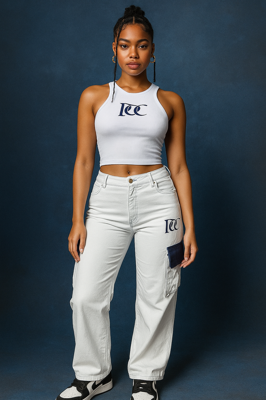 POC DESIGN Blue and White Crop Top with Trousers
