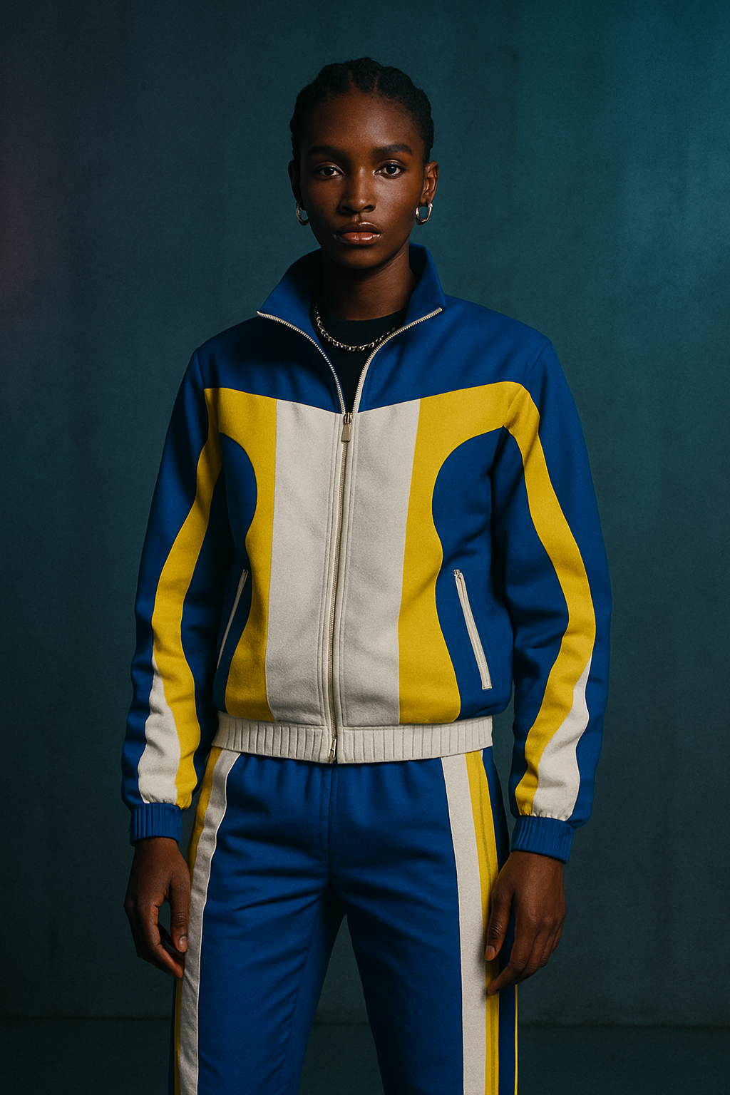 Tracksuit with blue, yellow, and white design against a dark background